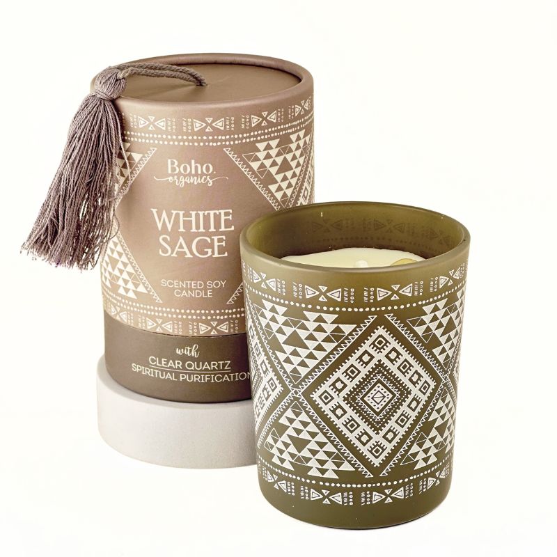 Vela Boho Salvia Blanca con Piedra Cuarzo Cristal 200g