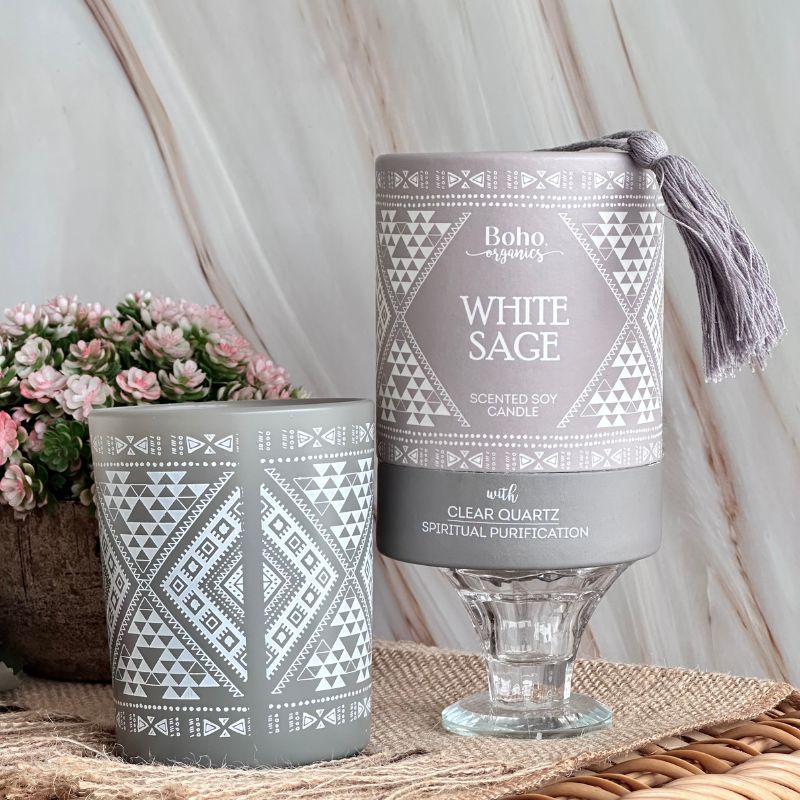 Vela Boho Salvia Blanca con Piedra Cuarzo Cristal 200g