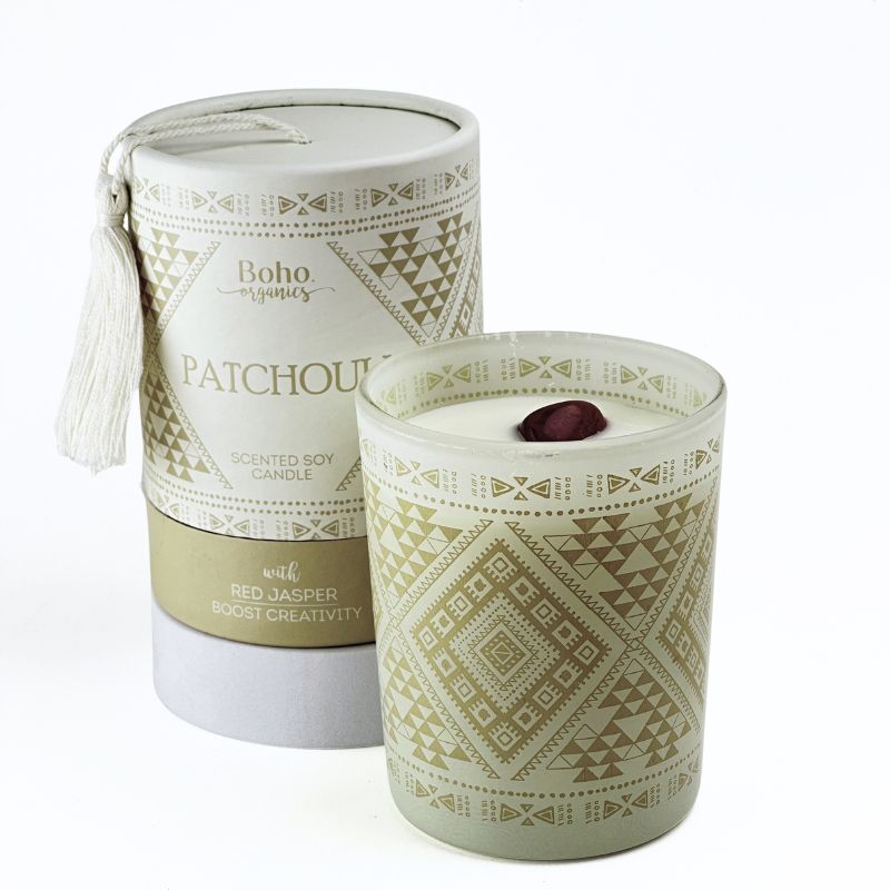 Vela Boho Pachulí con Piedra Jaspe Rojo 200g