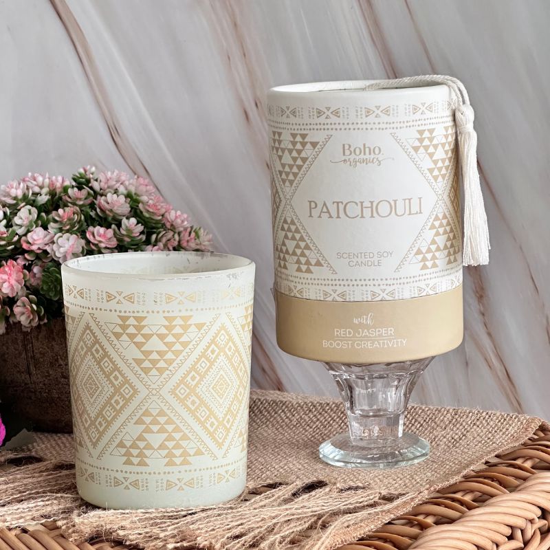 Vela Boho Pachulí con Piedra Jaspe Rojo 200g