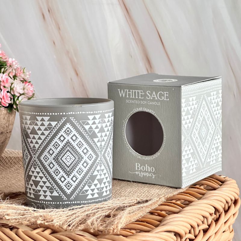 Vela Boho Salvia Blanca con Piedra Cuarzo Cristal 120g