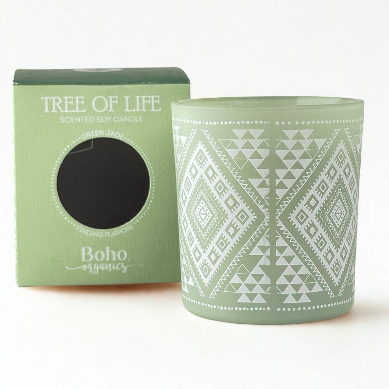 Vela Boho Árbol de la Vida con Piedra Jade 120g