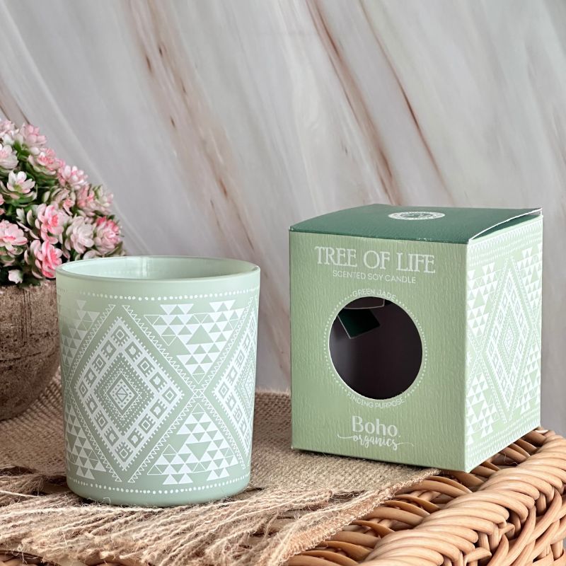 Vela Boho Árbol de la Vida con Piedra Jade 120g