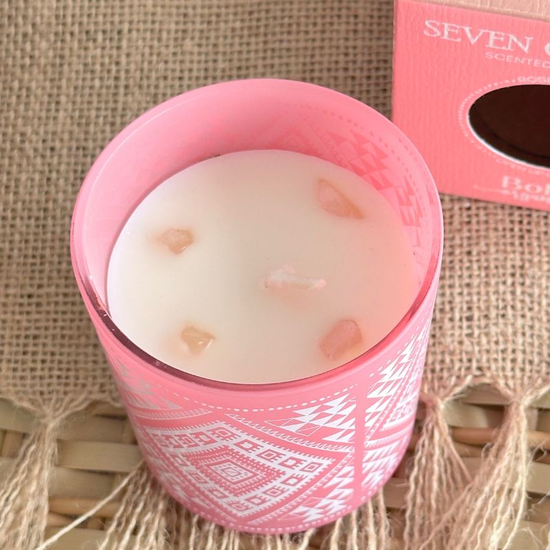 Vela Boho 7 Chakras con Piedra Cuarzo Rosa 120g