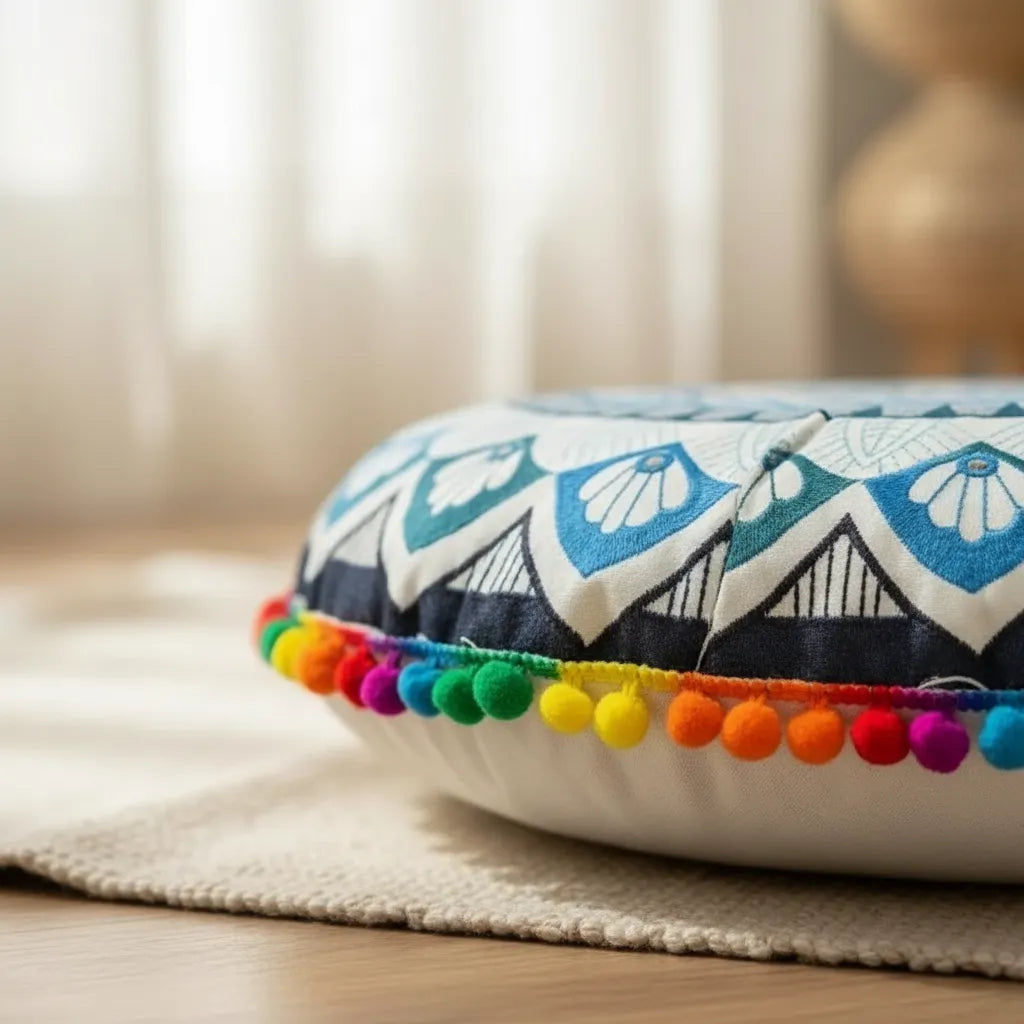 Cojin Boho Azul Redondo Chico