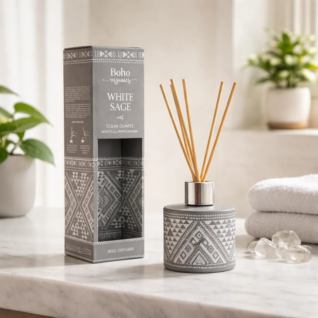 Difusor de Varilla Boho Salvia Blanca con Piedra Cuarzo Cristal