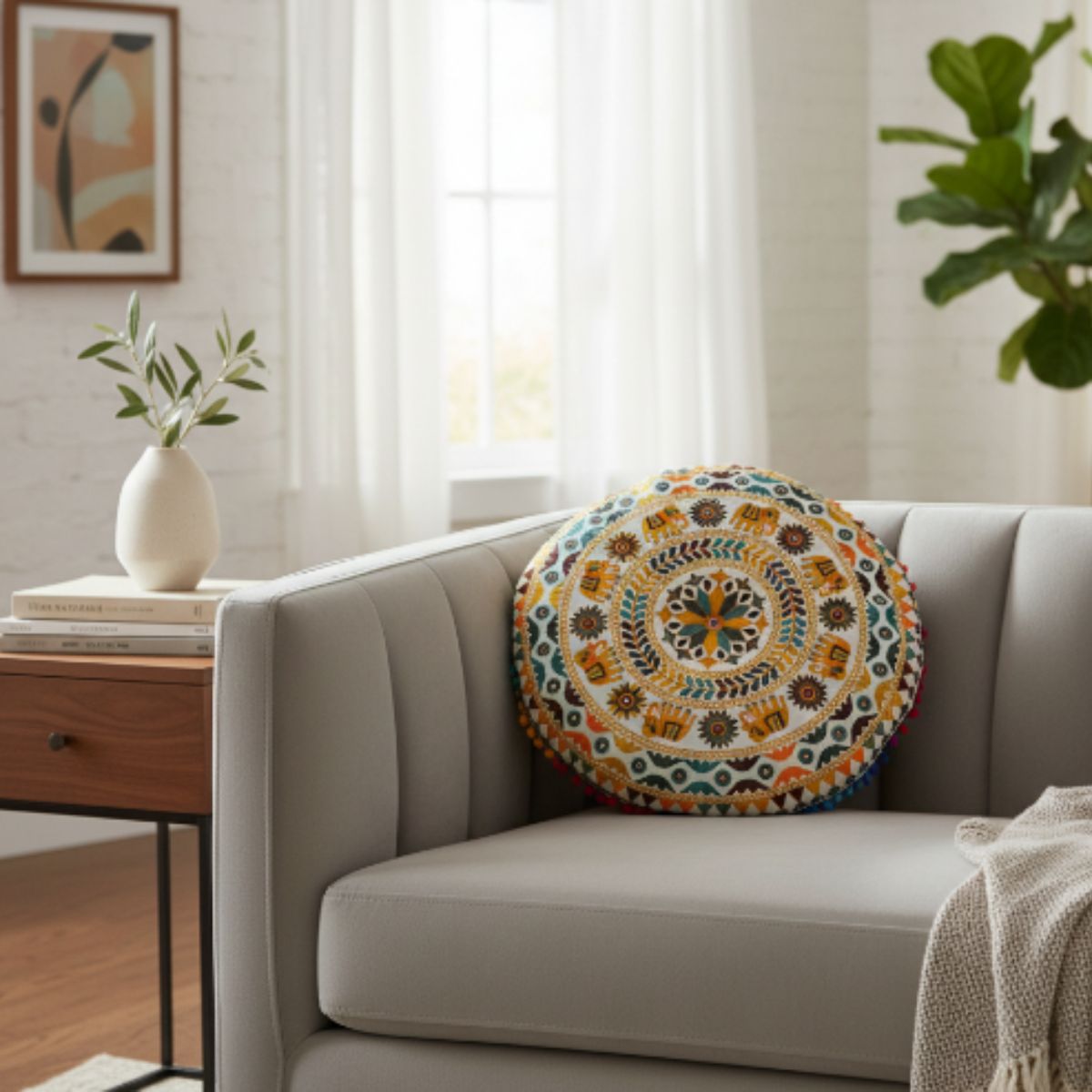 Cojin Amarillo Indio Redondo Chico