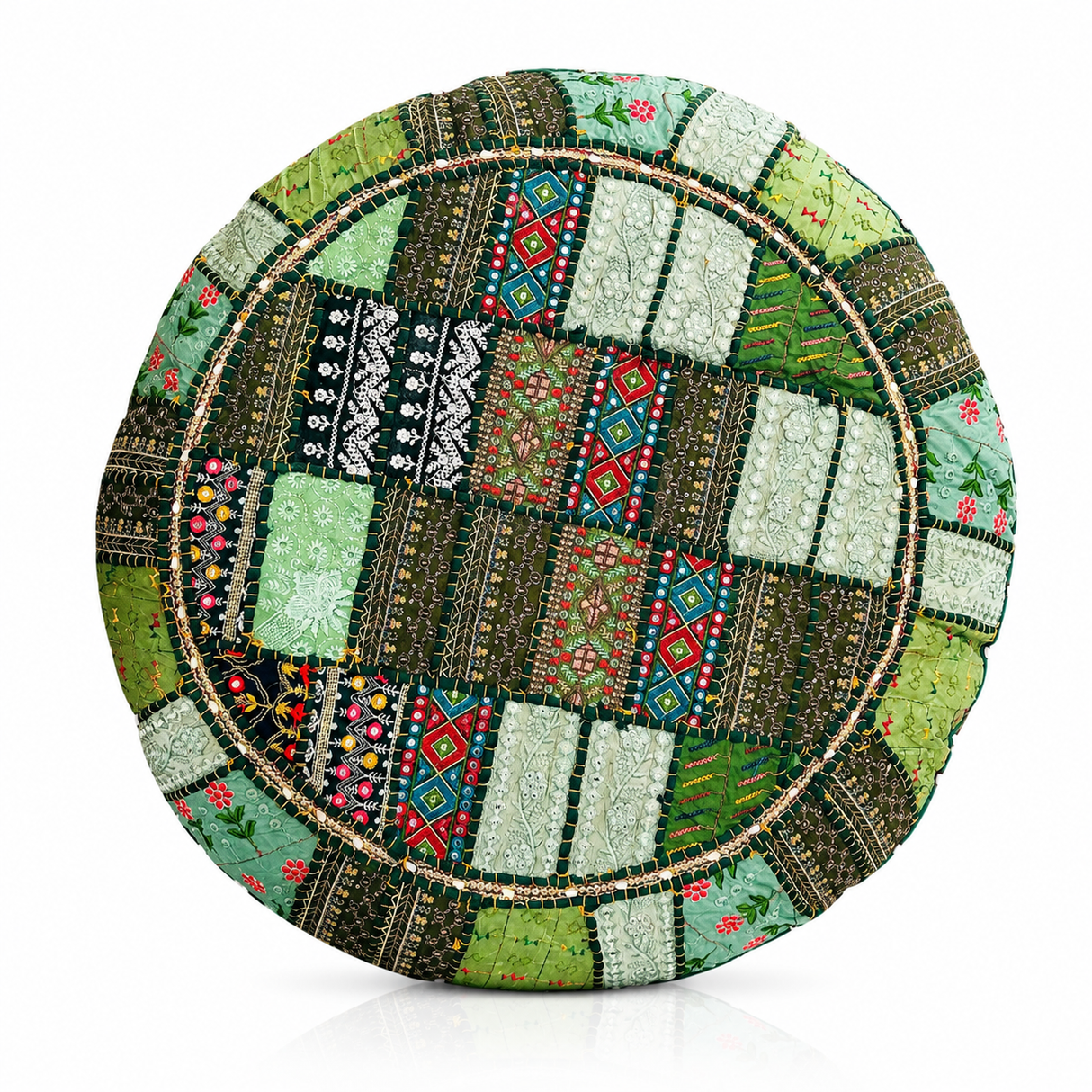 Cojin de Suelo Patchwork Verde Redondo Extra Grande