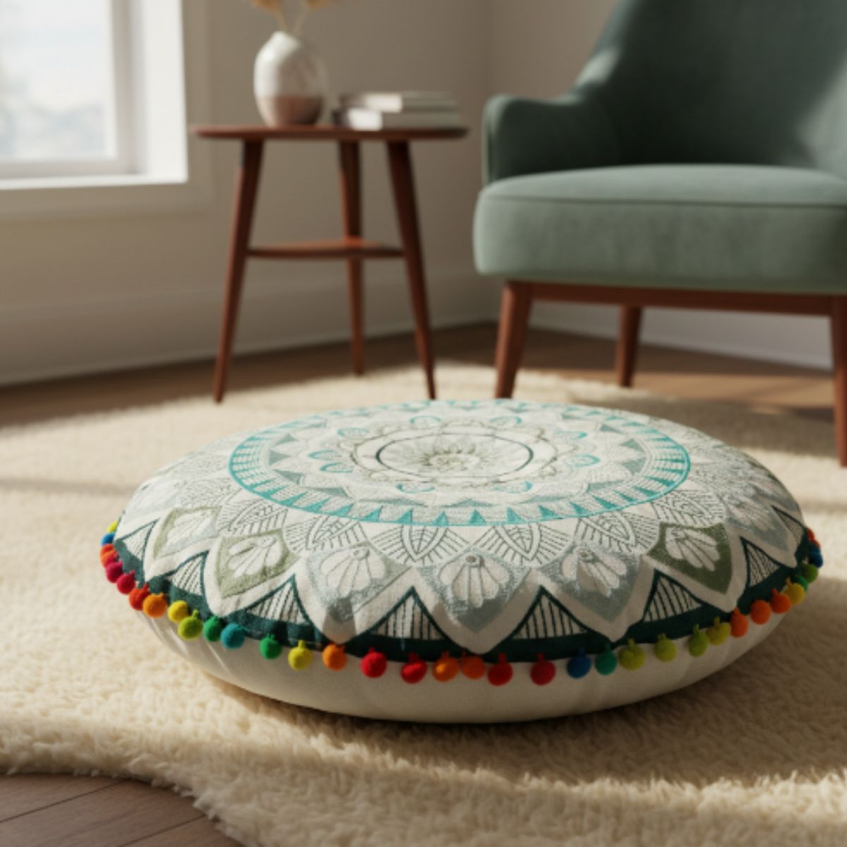 Cojin Verde Indio Redondo Grande