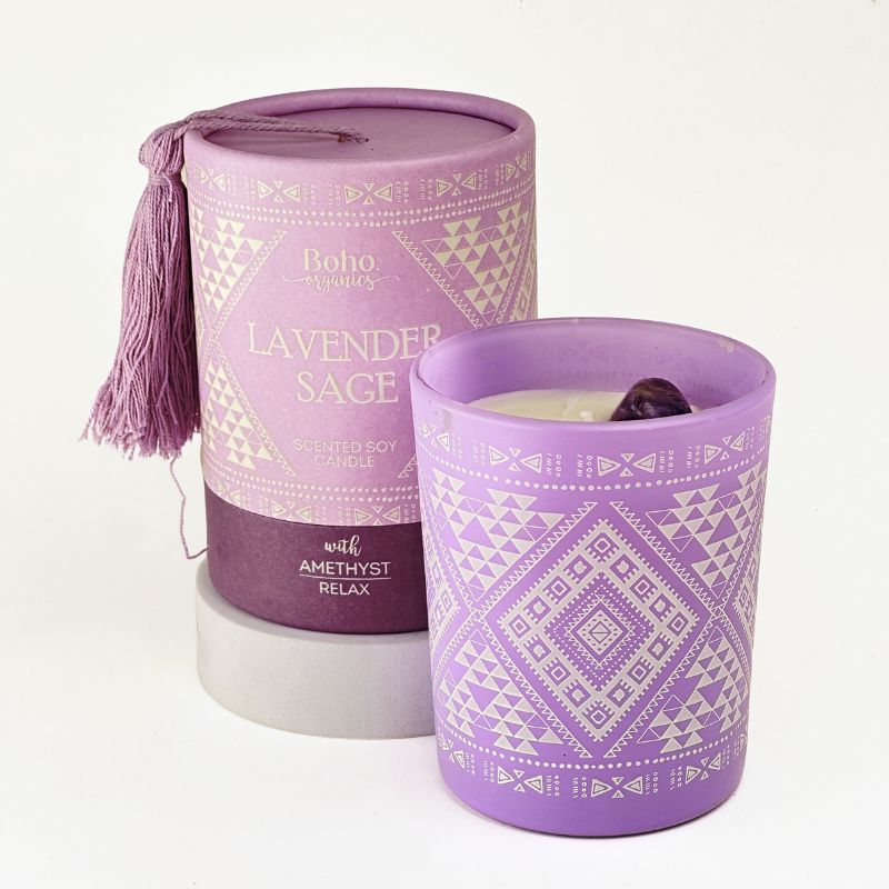 Vela Boho Lavanda Salvia con Piedra Amatista 200g