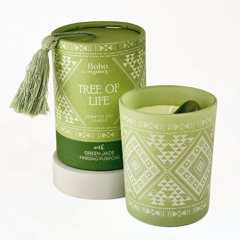 Vela Boho Árbol de la Vida con Piedra Jade 200g