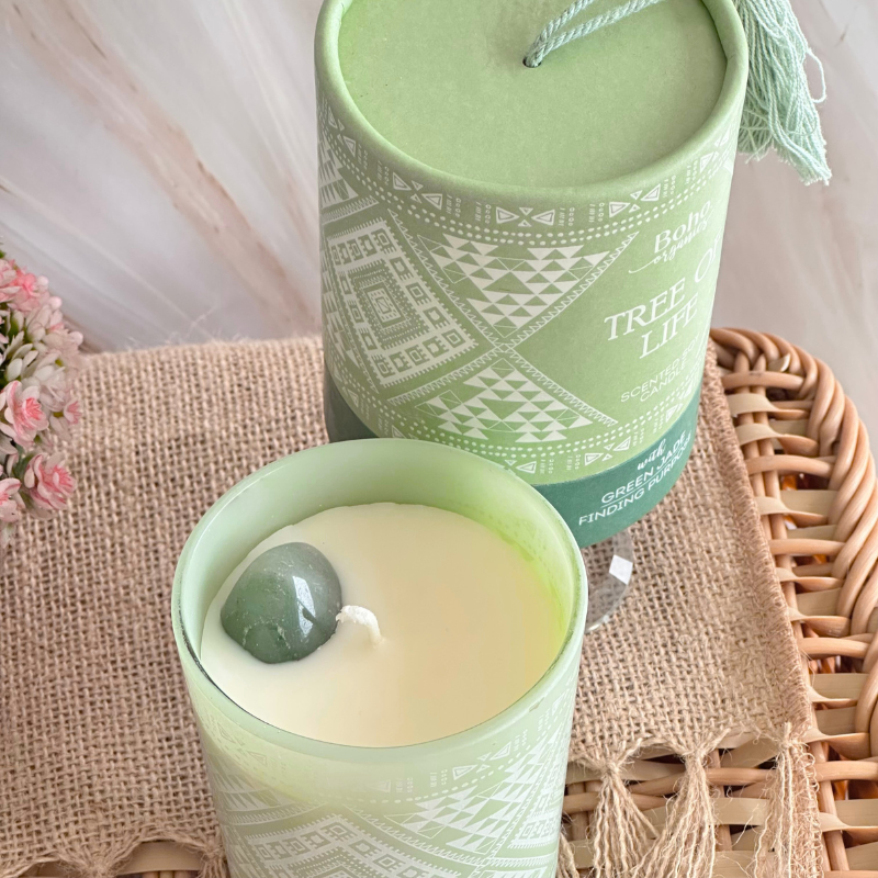 Vela Boho Árbol de la Vida con Piedra Jade 200g