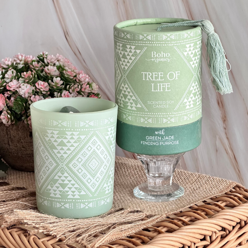 Vela Boho Árbol de la Vida con Piedra Jade 200g