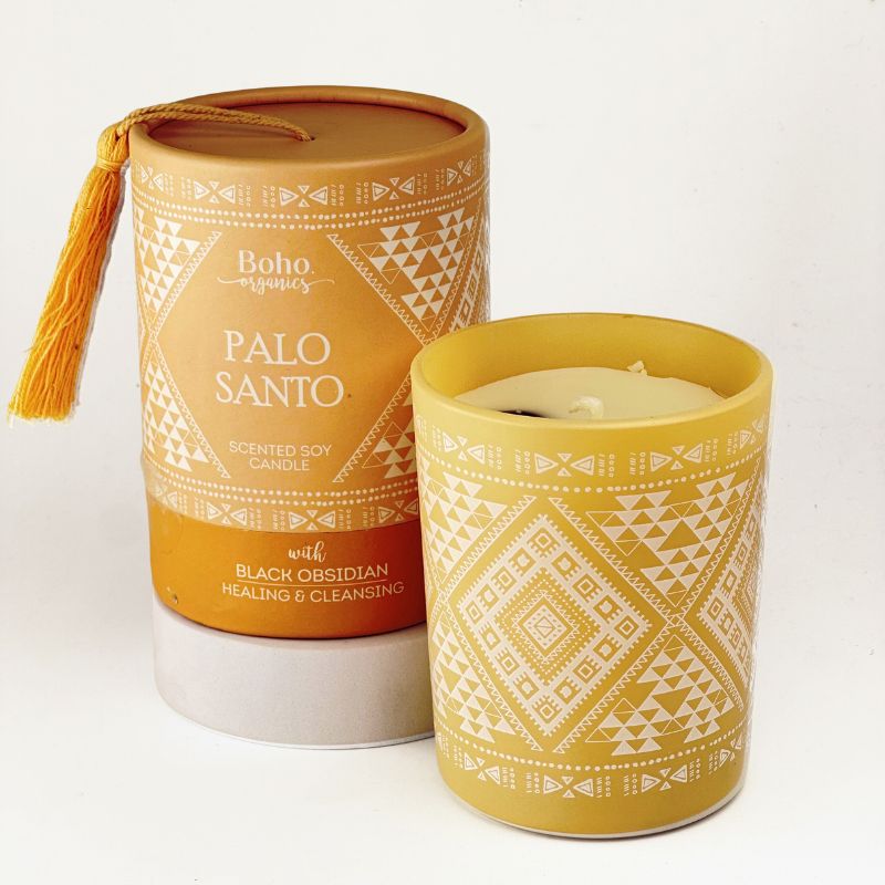 Vela Boho Palo Santo con Piedra Obsidiana 200g