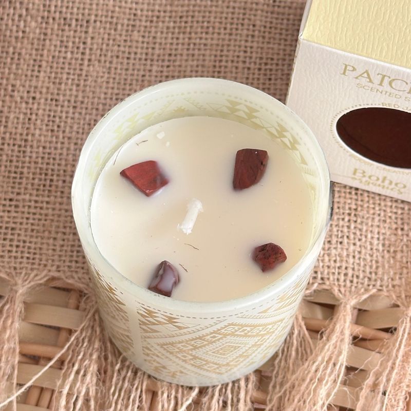 Vela Boho Pachulí con Piedra Jaspe Rojo 120g