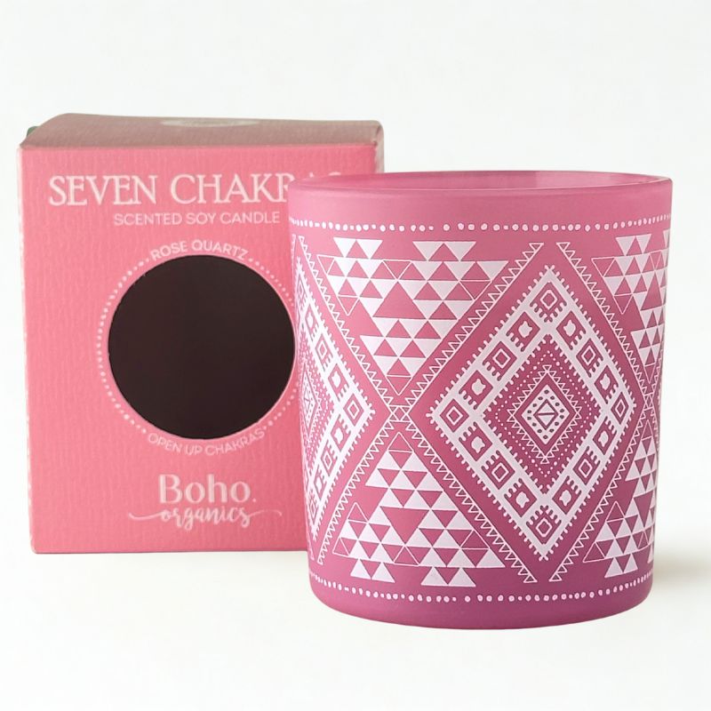 Vela Boho 7 Chakras con Piedra Cuarzo Rosa 120g