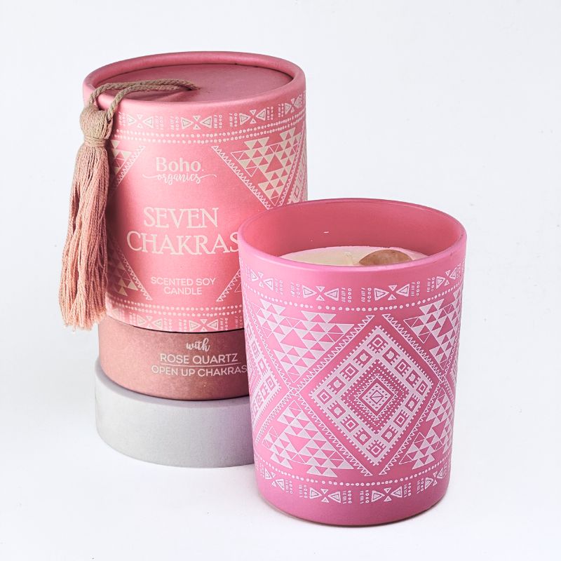 Vela Boho 7 Chakras con Piedra Cuarzo Rosa 200g
