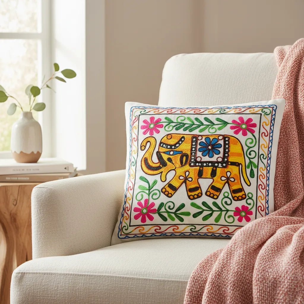 Funda de Cojín Elephant Amarillo y Rosado