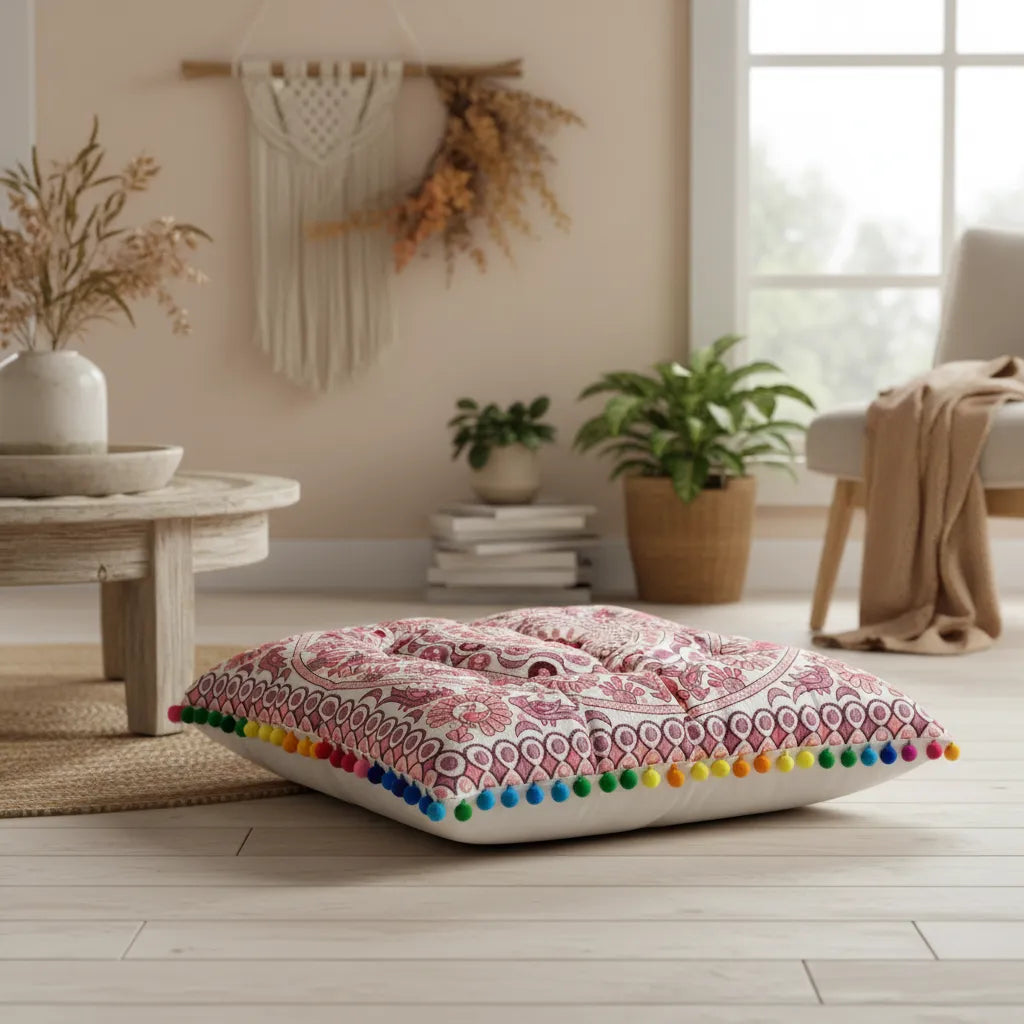 Cojin Boho Rosado Cuadrado Grande