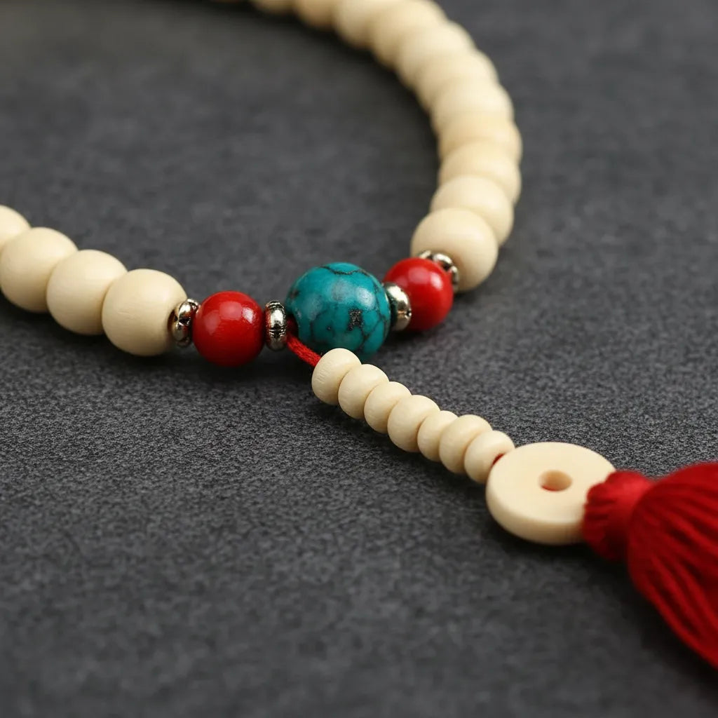 Japa Mala Blanco Piedra Roja y Verde 8 mm