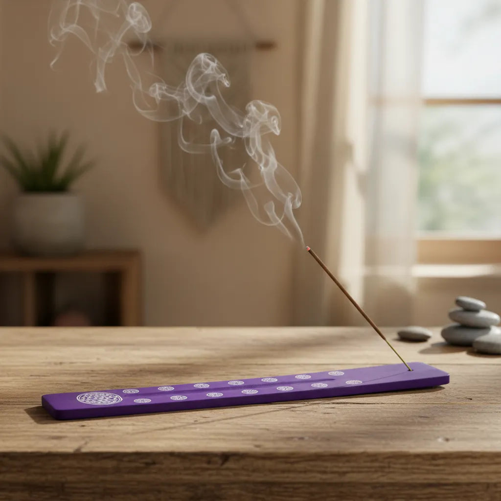 Tabla Porta Incienso Madera Flor de la Vida Morado