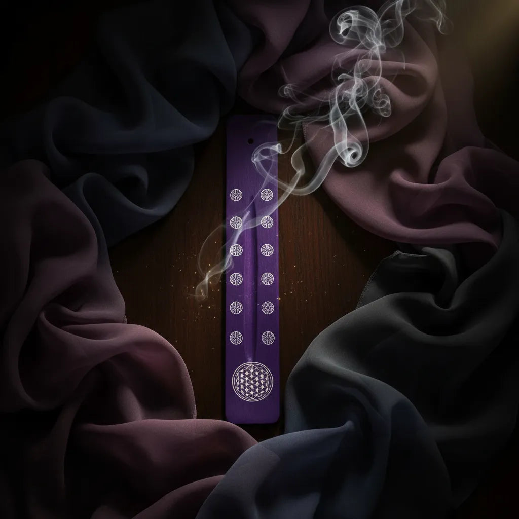 Tabla Porta Incienso Madera Flor de la Vida Morado