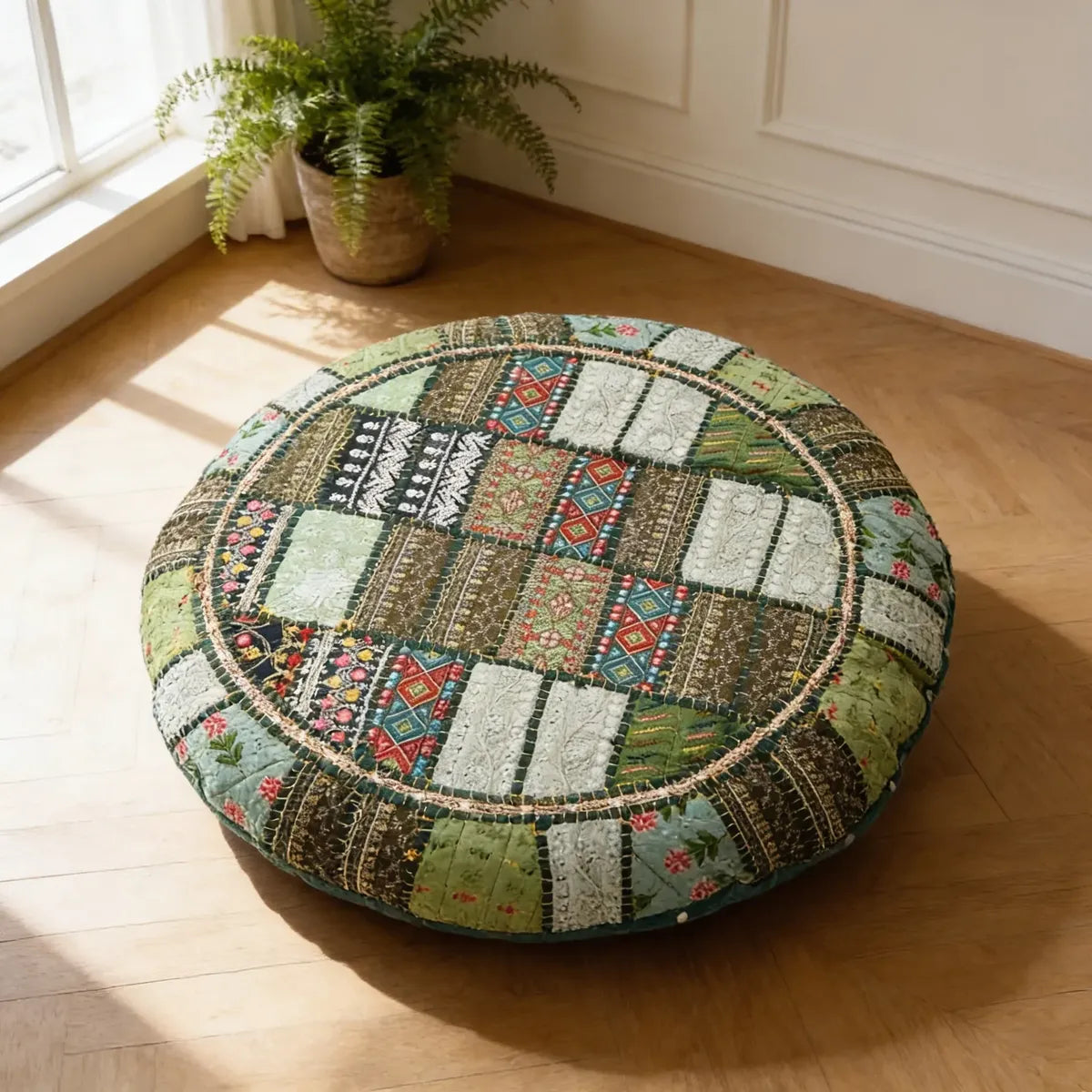 Cojin de Suelo Patchwork Verde Redondo Extra Grande