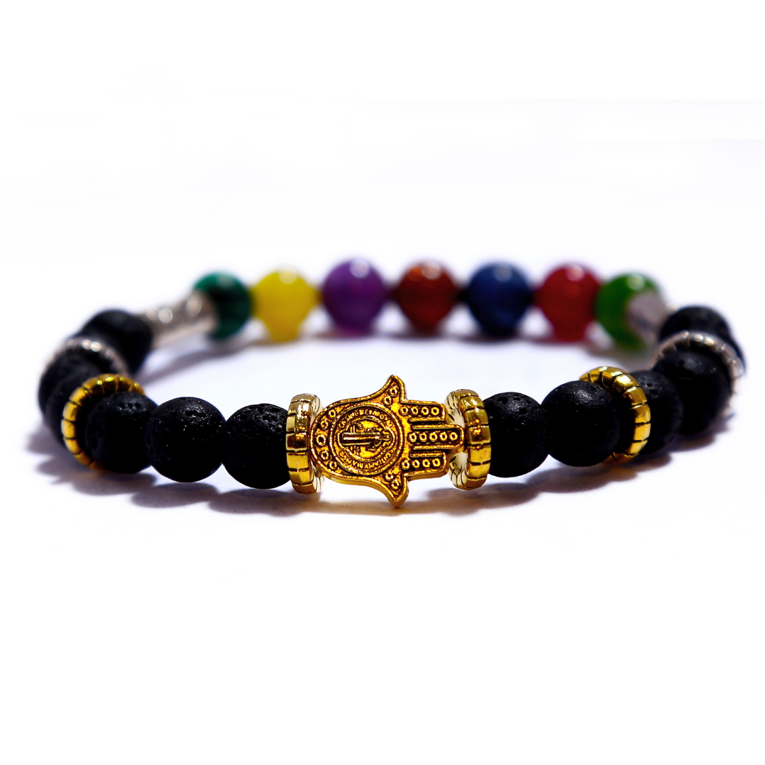 Pulsera Mano de Fatima Piedra Volcanica - 7 Chakra